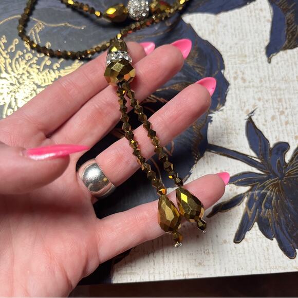 Estate Y2K Brown Faceted AB and Rhinestone Beaded Double Layer Drop Necklace D2 - Picture 11 of 14